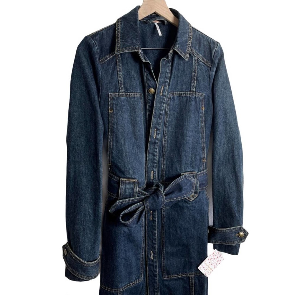 FREE PEOPLE NWT Belted Dark Blue Denim Jacket Coat — Small - Picture 10 of 16
